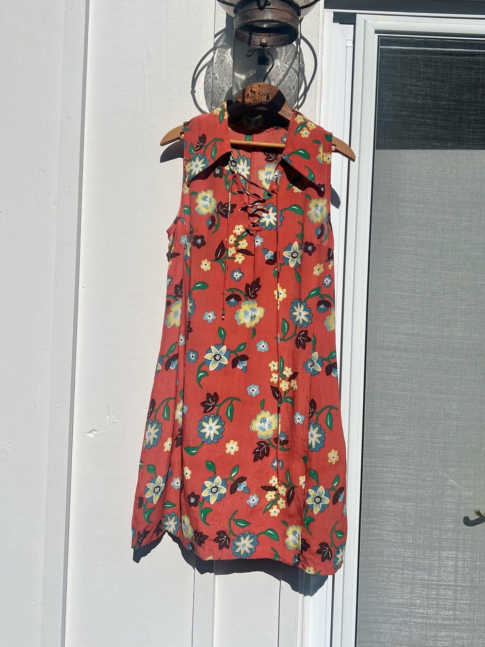 Vintage 90’s Pumpkin Orange Floral Lace-Up Mini Dress